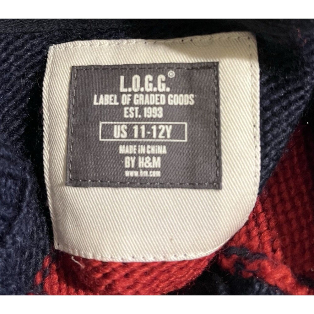 LOGG GG Logo Wool Mock Neck Fisherman Sweater Boys 11/12 Blue Red Coastal Preppy - Picture 5 of 6